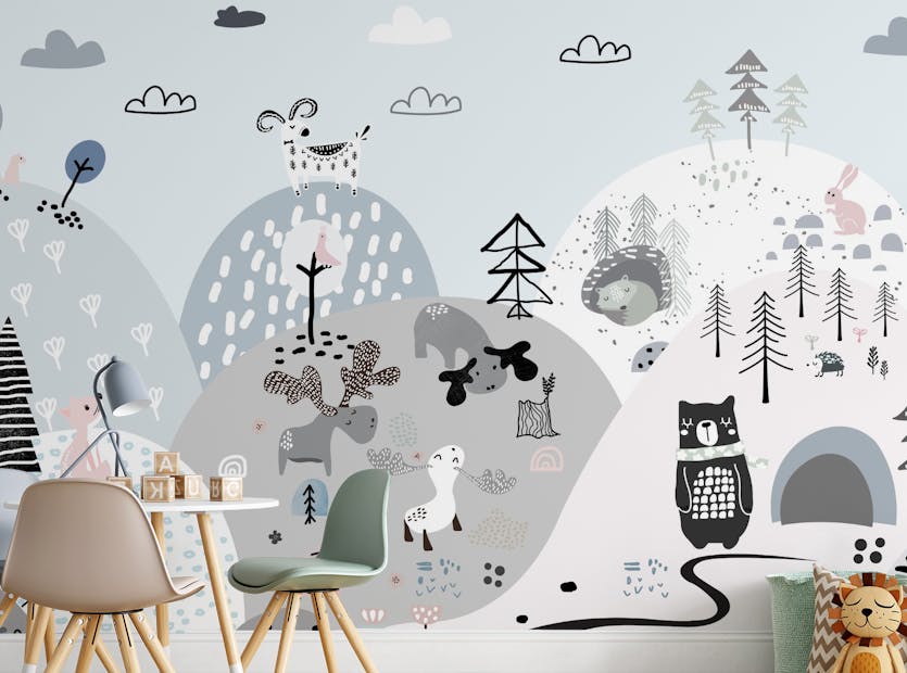 Peel and Stick Cartoon Animals On The Mountains Wallpaper Murals