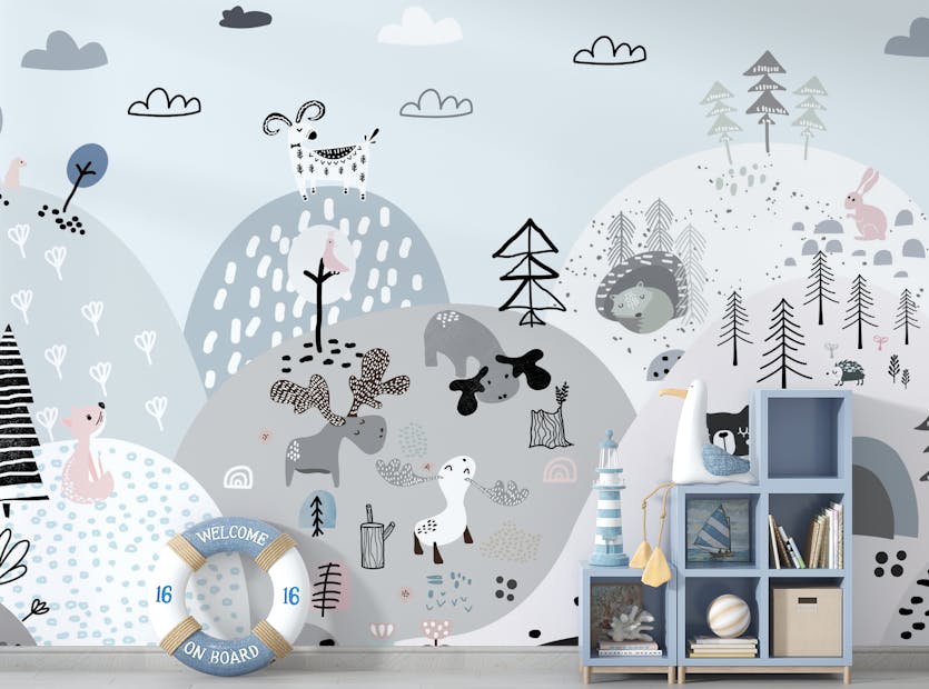 Removable Cartoon Animals On The Mountains Wallpaper Murals