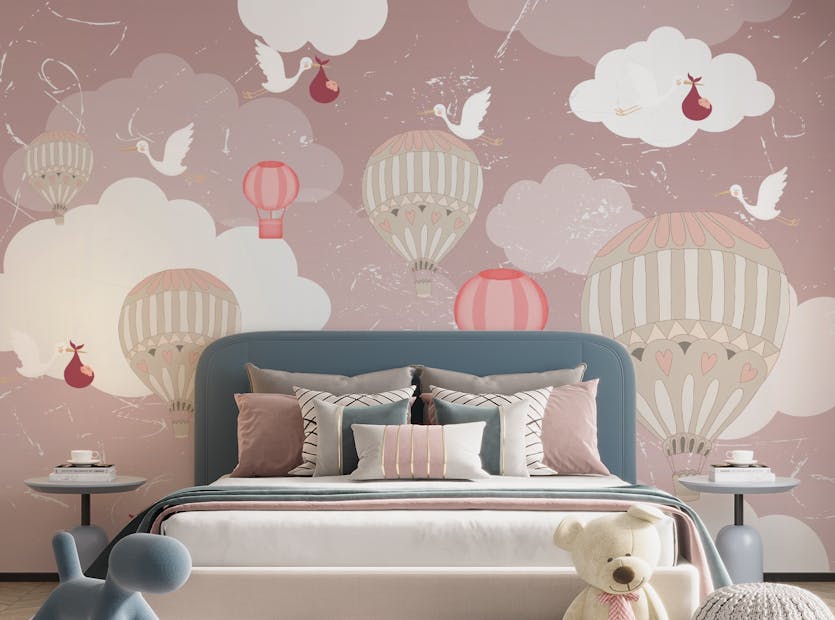 Peel and Stick 3D Soft Pink Color Hot Air Balloon Wallpaper Murals