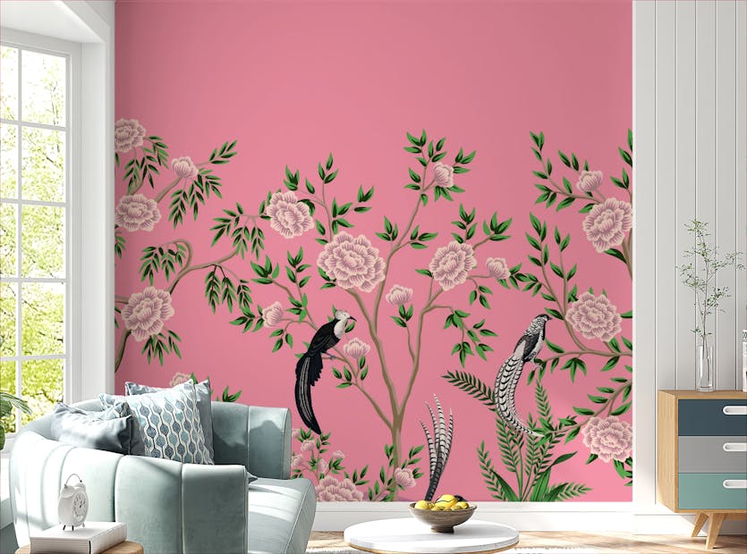Peel and Stick Pink Color Vintage Chinoiserie Floral Wallpaper Murals