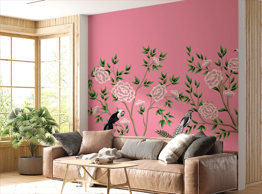 Removable Pink Color Vintage Chinoiserie Floral Wallpaper Murals
