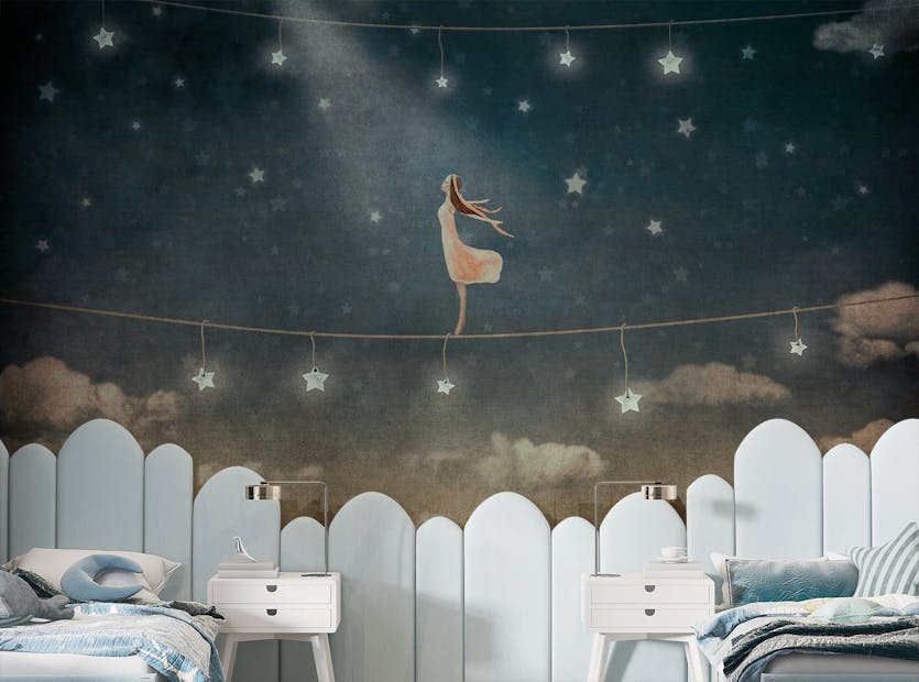 Peel and Stick Cute Houses and Pretty Girl In Night Sky Wallpaper Murals