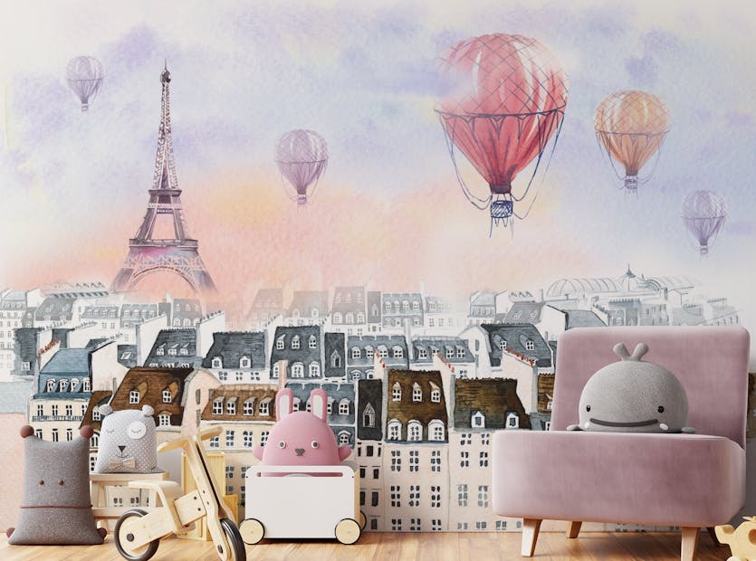 Peel and Stick Watercolor Paris City with Hot Air Balloon Wallpaper Wall Murals