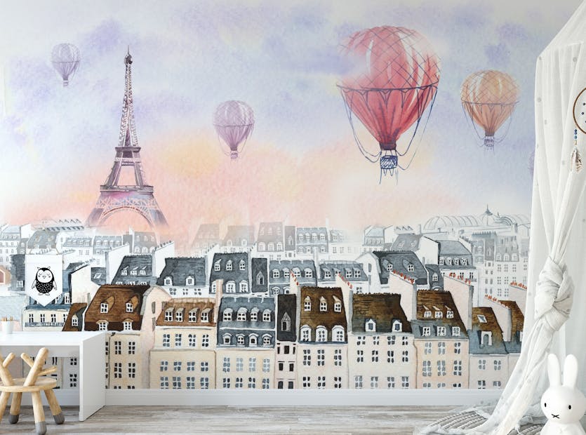 Removable Watercolor Paris City with Hot Air Balloon Wallpaper Wall Murals