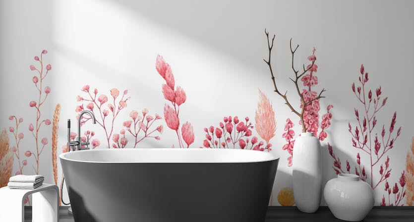 Peel and Stick Watercolor Dried Flowers Grass Pink Color Wallpaper Murals