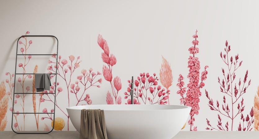Removable Watercolor Dried Flowers Grass Pink Color Wallpaper Murals