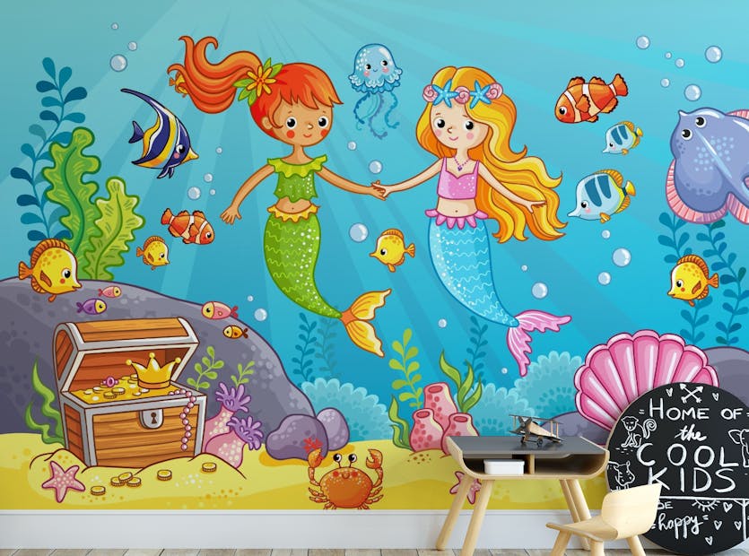Peel and Stick Underwater Cartoon Mermaid Girlfriend Wallpaper Murals