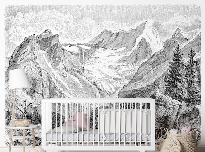 Peel and Stick Vintage Mountain Sketch Black and White Wallpaper Murals