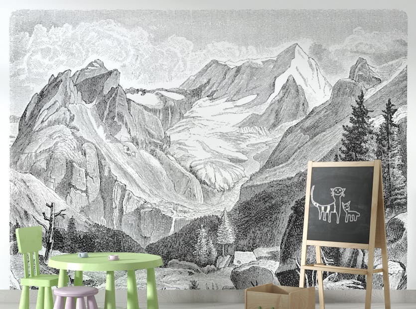 Removable Vintage Mountain Sketch Black and White Wallpaper Murals