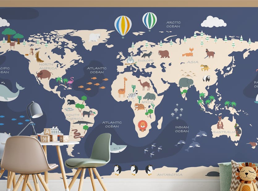 Peel and Stick World Map with Cartoon Animals Wallpaper Murals