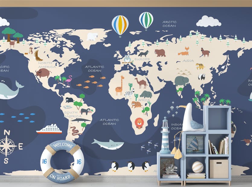 Removable World Map with Cartoon Animals Wallpaper Murals