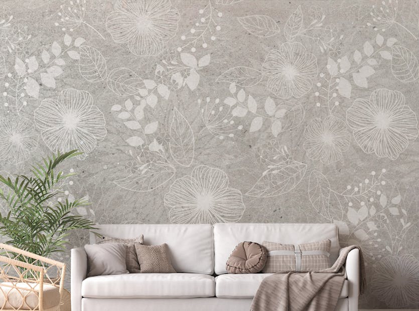 Peel and Stick White Flower on Grey Color Peel and Stick Wallpaper Murals
