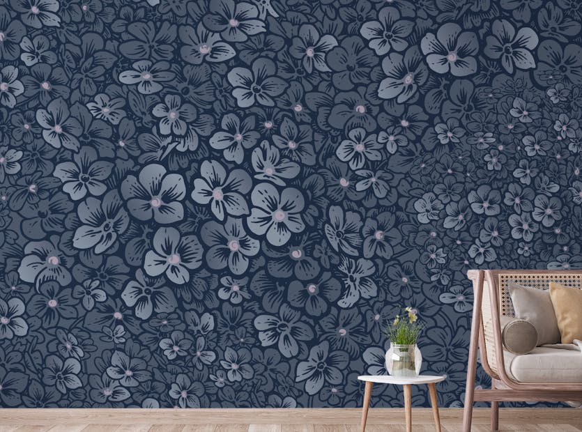 Peel and Stick Navy Blue Color Flower Seamless Pattern Wallpaper Murals