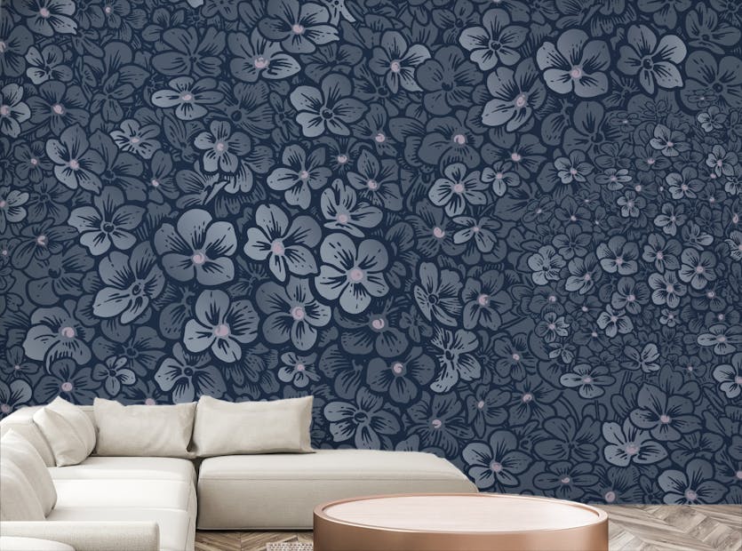 Removable Navy Blue Color Flower Seamless Pattern Wallpaper Murals