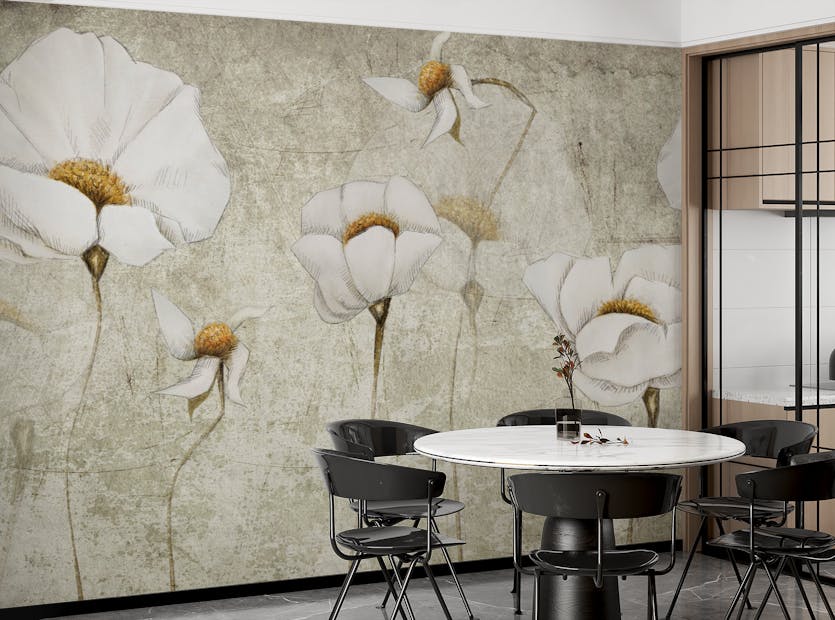Removable White Color Wide Grunge Flower Wallpaper Murals