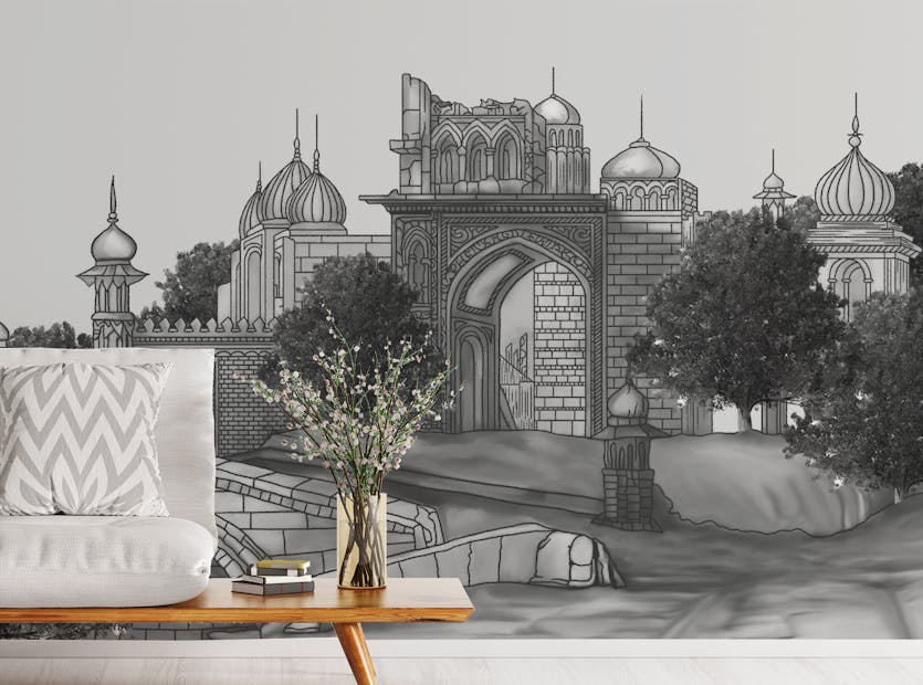 Peel and Stick Black and White Mughal Mansion Wallpaper Murals