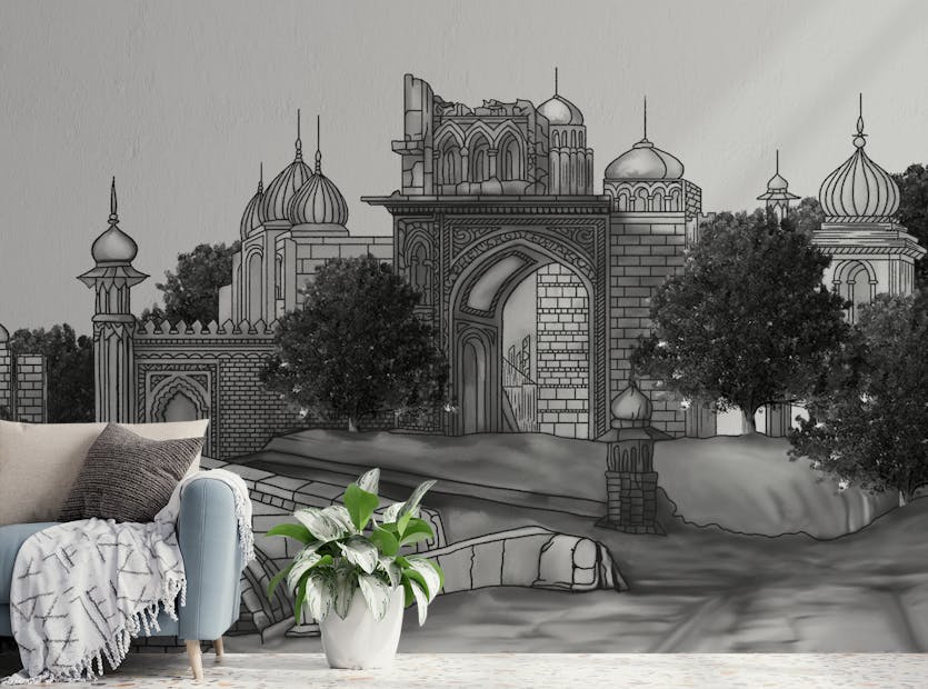Removable Black and White Mughal Mansion Wallpaper Murals