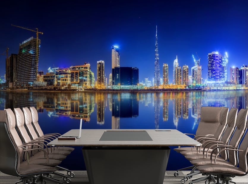 Removable Reflection Panoramic Dubai Night Wallpaper Murals