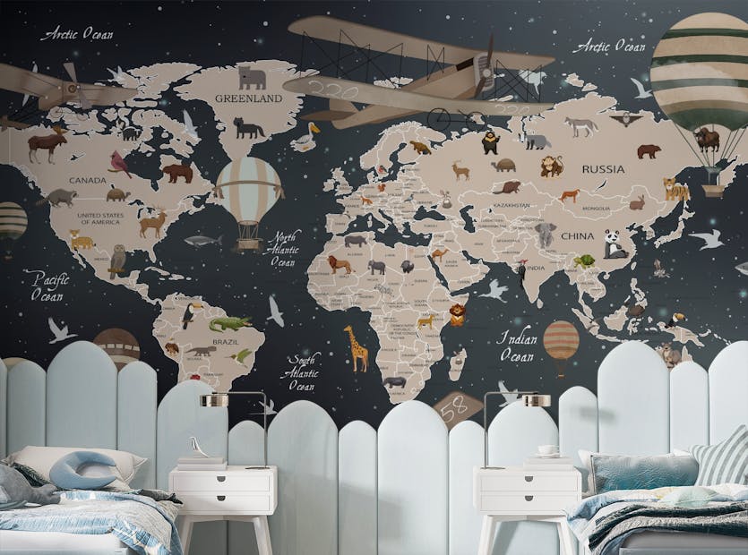Peel and Stick Animals World Map Kids Room Wallpaper Murals