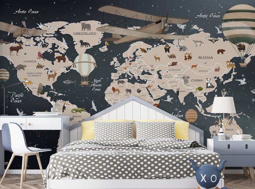 Removable Animals World Map Kids Room Wallpaper Murals