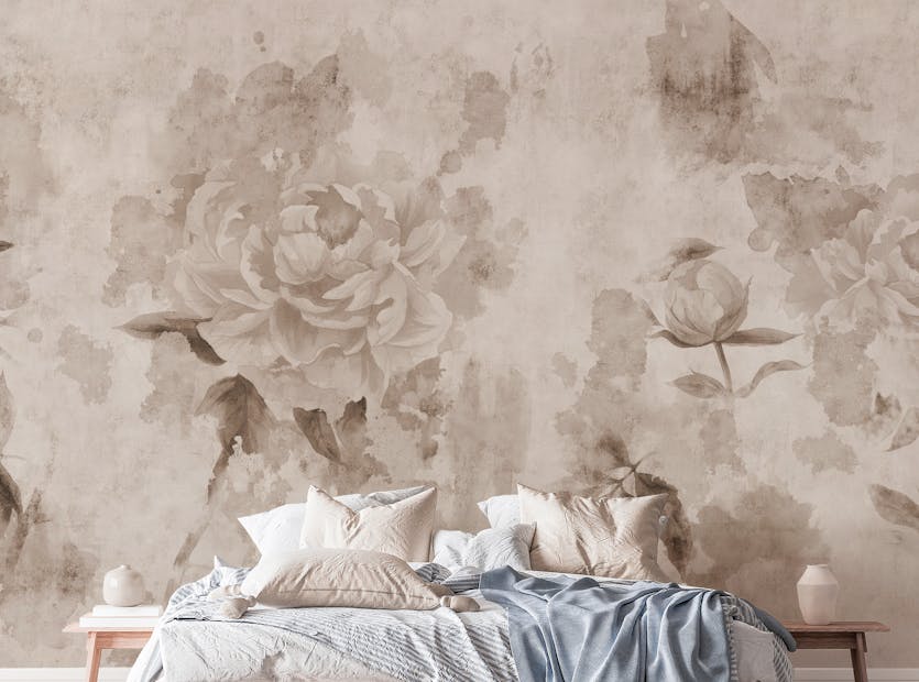 Peel and Stick Sepia Peonies Flowers Painted Concrete Wallpaper Murals