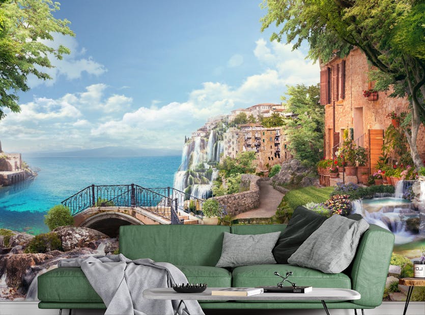 Removable Ancient Houses of Italy Flowers Waterfalls Wallpaper Murals