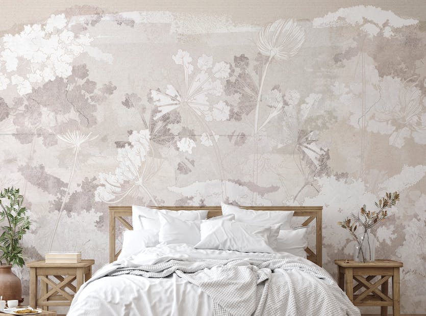 Peel and Stick Beige Color Wildflowers on Concrete Wallpaper Murals