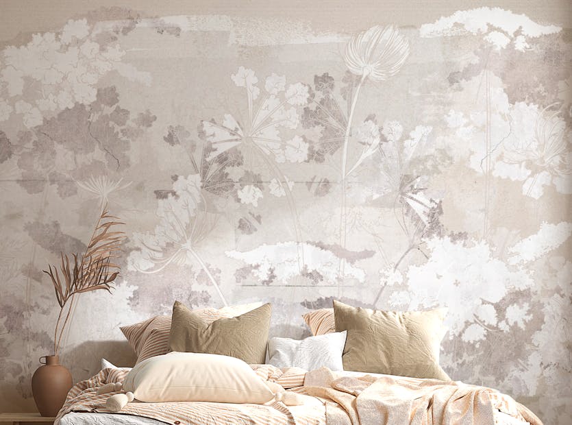 Removable Beige Color Wildflowers on Concrete Wallpaper Murals