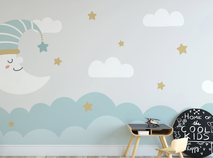 Peel and Stick Clouds and Moon Pale Pastel Color Wallpaper Murals