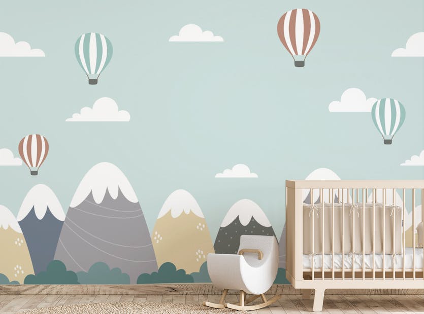 Removable Abstract Snowy Mountain and Hot Air Balloons Wallpaper Murals