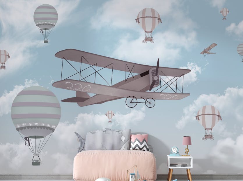 Peel and Stick Biplane In The Sky Kids Room Blue Color Wallpaper Murals