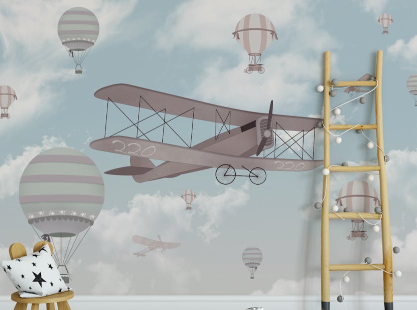 Removable Biplane In The Sky Kids Room Blue Color Wallpaper Murals