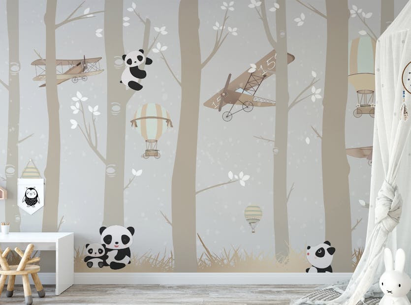 Removable Cute Cartoon Pandas Playing Forest Wallpaper Murals