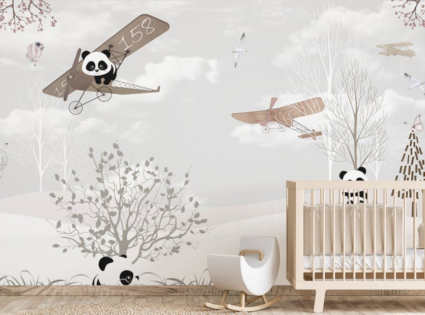Removable Play Time Cute Pandas Nursery Room Wallpaper Murals