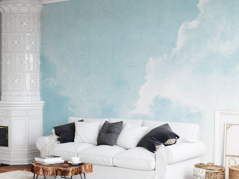Peel and Stick Blue Sky Clouds Watercolor Pale Vintage Style Wallpaper Murals