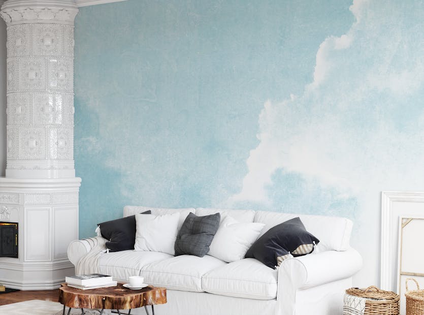 Peel and Stick Blue Sky Clouds Watercolor Pale Vintage Style Wallpaper Murals