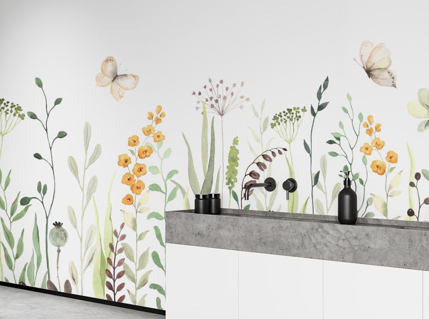 Removable Abstract Seamless Yellow Flowers Green Leaves Wallpaper Murals