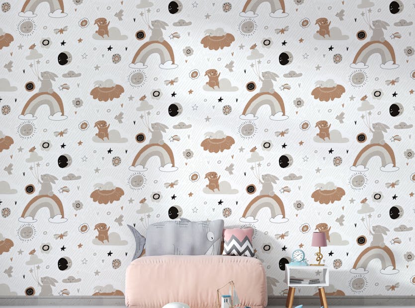 Peel and Stick Cute Bunny Rainbow Kids Room Wallpaper