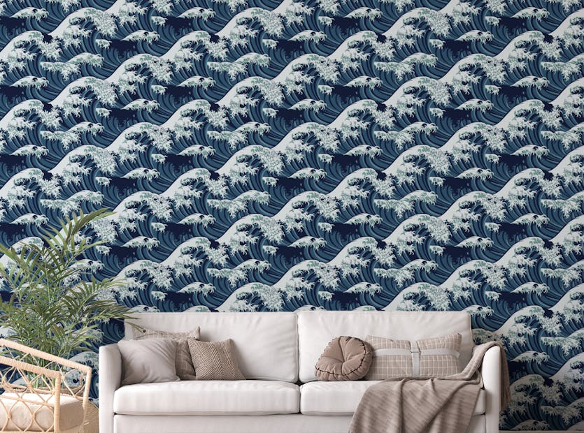 Peel and Stick Japanese Great Wave Repeat Pattern Wallpaper for Home Wall