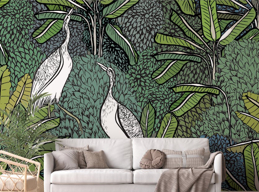 Peel and Stick White Cranes in Tropical Paradise Wallpaper 