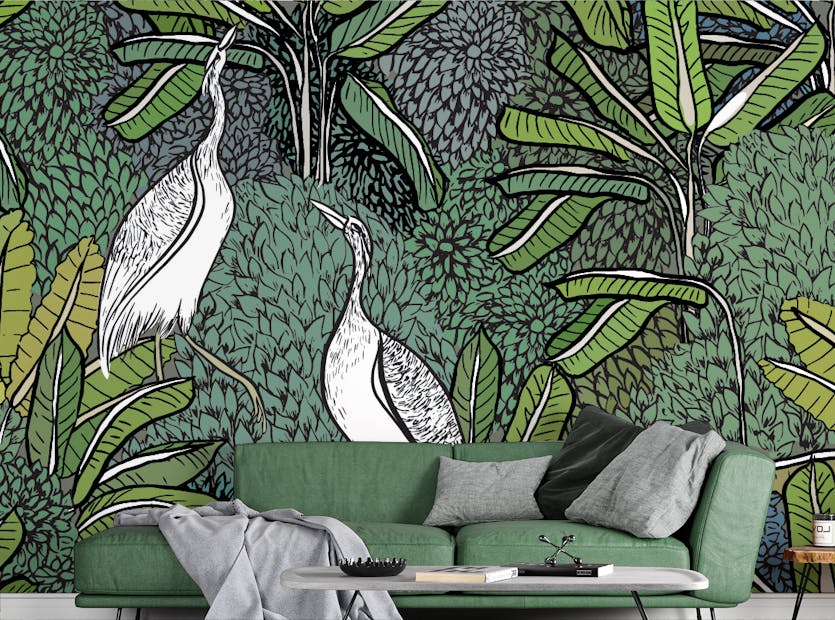 Removable White Cranes in Tropical Paradise Wallpaper 