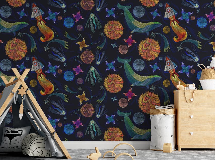 Peel and Stick Interstellar Whales Embroidery Universe Nursery Wallpaper