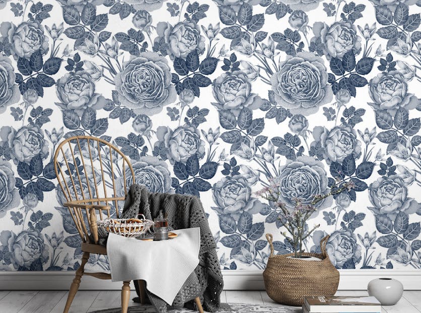 Removable White Blue Color Beautiful Flowers Leaves Wallpaper For Walls