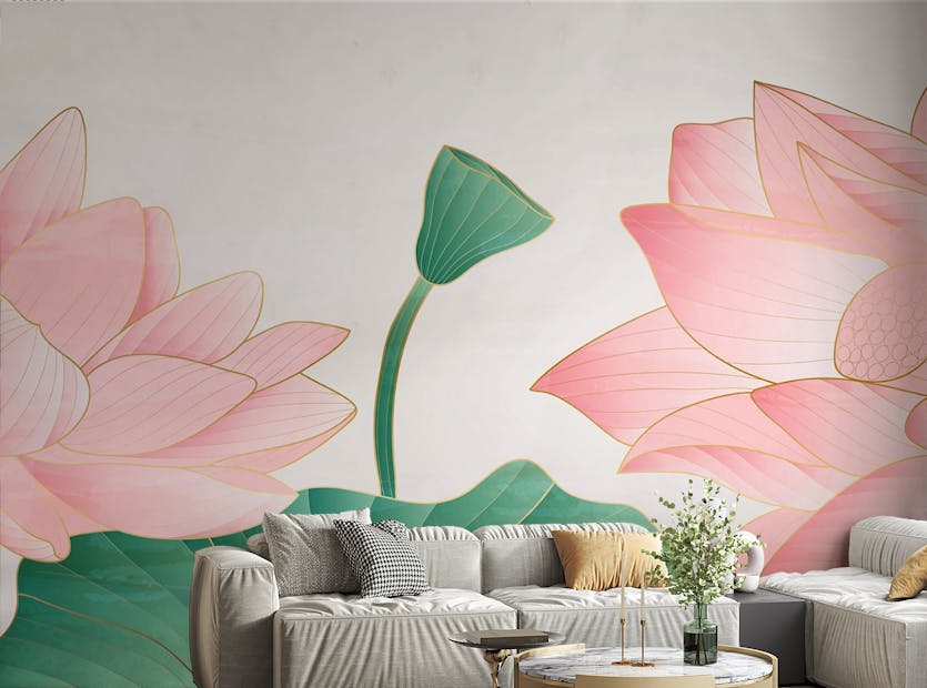 Peel and Stick Wild Golden Pink Lotus Flowers Mural Wallpaper