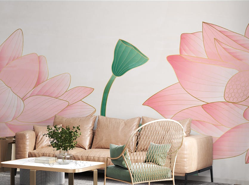 Removable Wild Golden Pink Lotus Flowers Mural Wallpaper