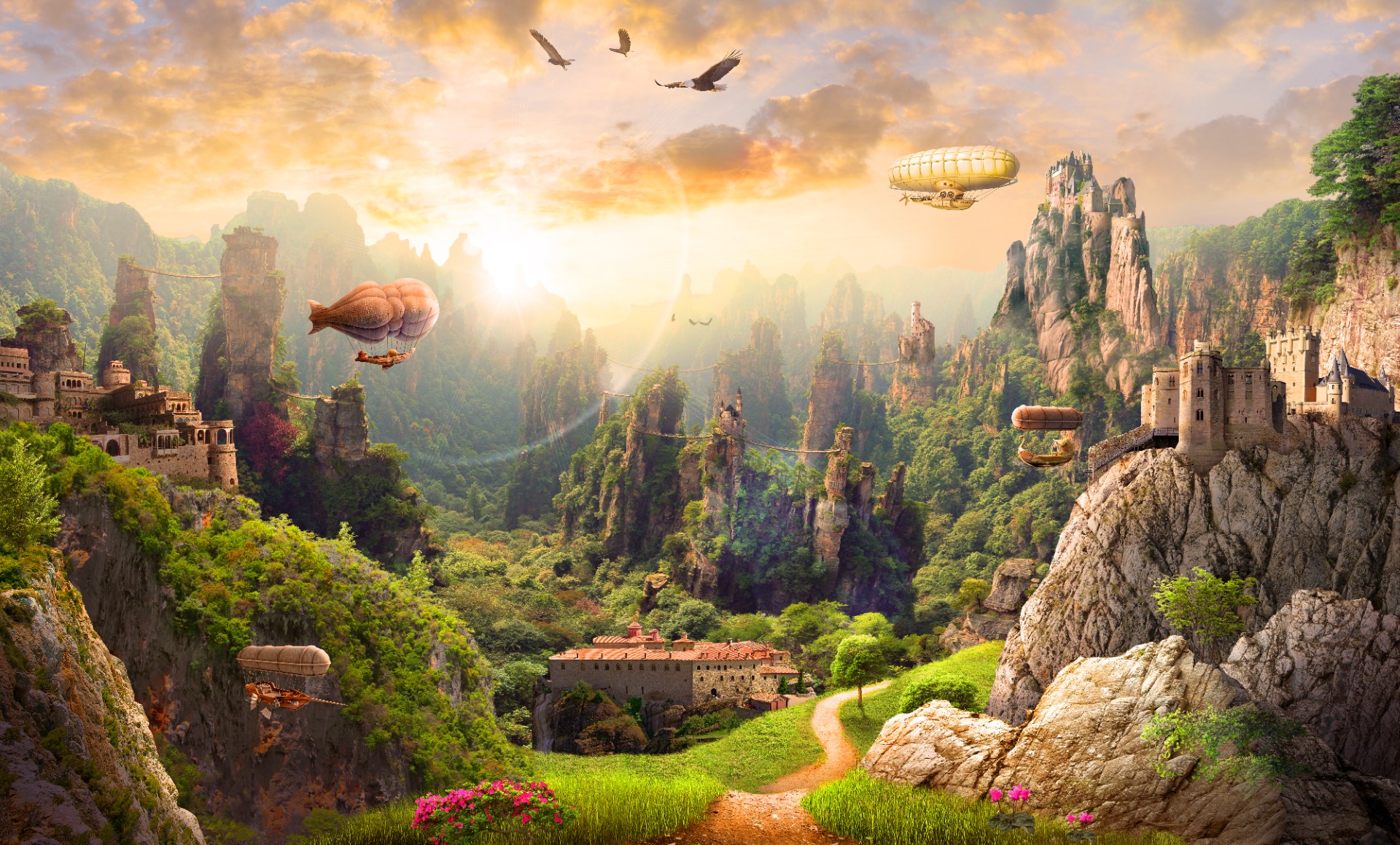 Hot Air Balloons Over Green Meadow Wall Mural - Murals Your Way