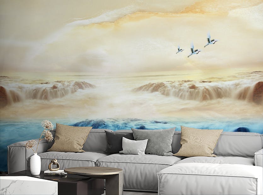 Removable Misty Mountains Sun Flock Cranes Sky Peel And Stick Mural
