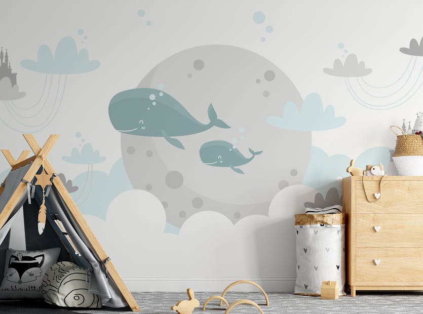 Peel and Stick Flying Blue Whale Moon Cloud Kids Room Wallpaper