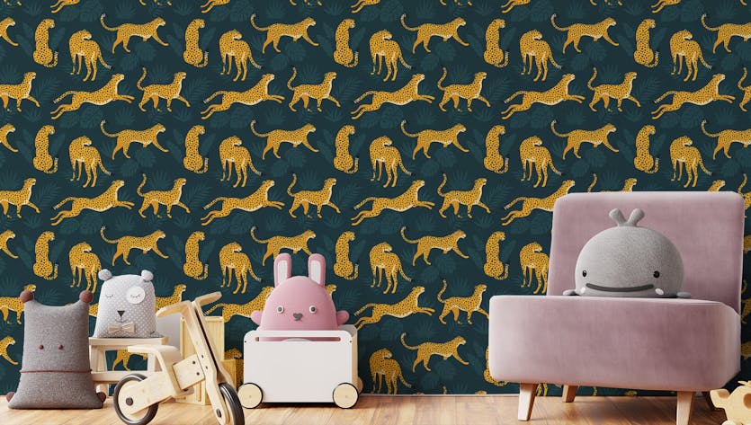 Peel and Stick Dark Blue Background Yellow Leopard Repeat Pattern Wallpaper