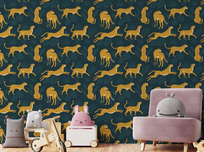 Peel and Stick Dark Blue Background Yellow Leopard Repeat Pattern Wallpaper